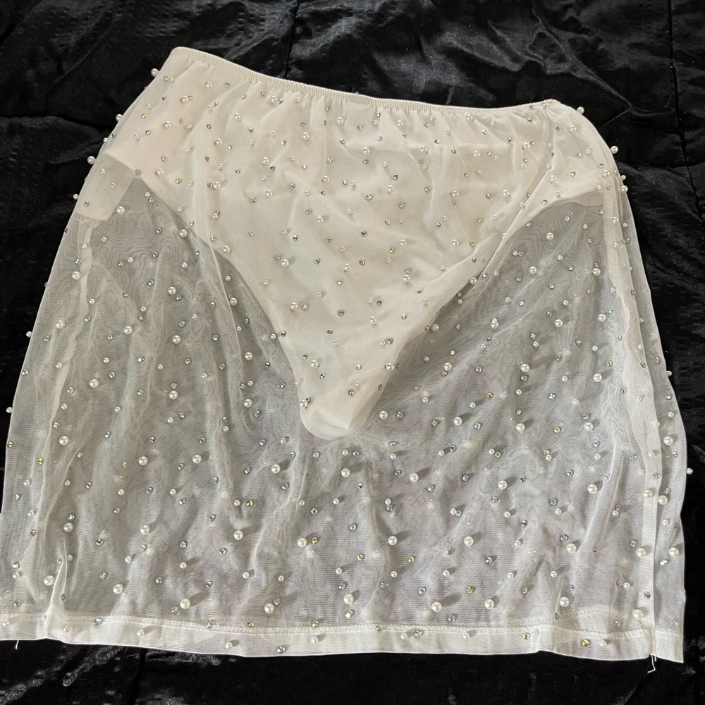 White Windsor Sheer Skirt with Pearl and rhinestone Accents